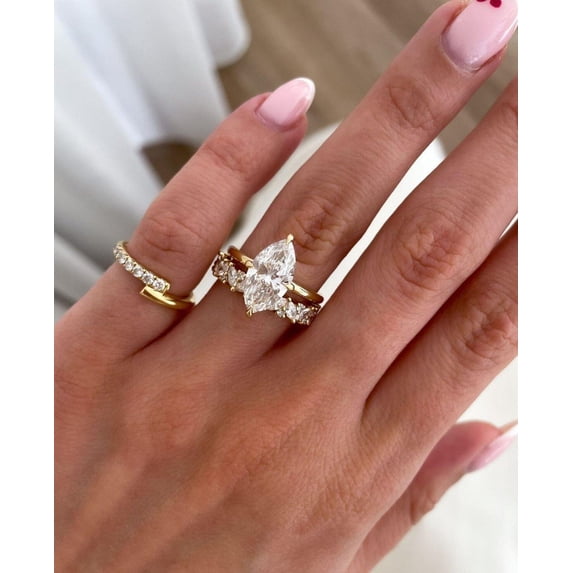 Diiro Marqusie Shape Moissanite Engagement Ring for Women, 10K Vermeil Yellow Gold Bridal Ring, Curved Wedding Band with Sparkling Side Stones