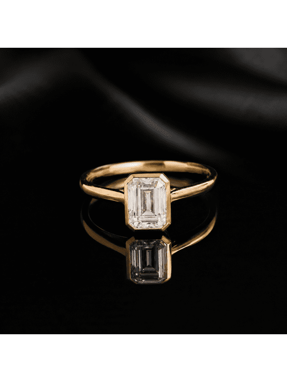 Modern Emerald Cut Moissanite Diamond Ring, Solitaire Bezel Set Ring for Women, Vermeil Yellow Gold Engagement Ring, Minimalist Promise Jewelry
