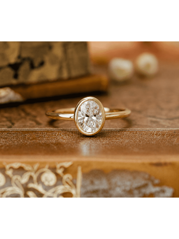 Modern Oval Cut Moissanite Ring, Bezel Setting, 10K Yellow Gold Vermeil Promise Ring, Solitaire Ring for Women