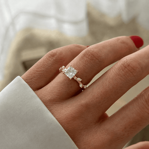 Diiro Modern Princess Cut Moissanite Engagement Ring in 14K Vermeil Yellow Gold, Vintage Leaf Accent Band, Delicate Inspired Bridal Ring for Women