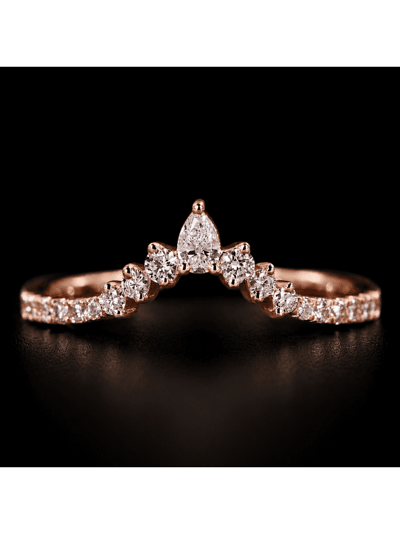 Moissanite Curved Wedding Band Ring Teardrop Diamond Stackable Anniversary Ring 10K Vermeil Rose Gold Engagement Fashion Jewelry