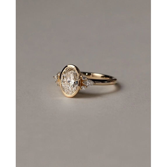 Diiro Oval Cut Bezel Set Engagement Ring with Cluster Moissanite Accent Stones, 10K Vermeil Yellow Gold Ring, Wedding Proposal Ring