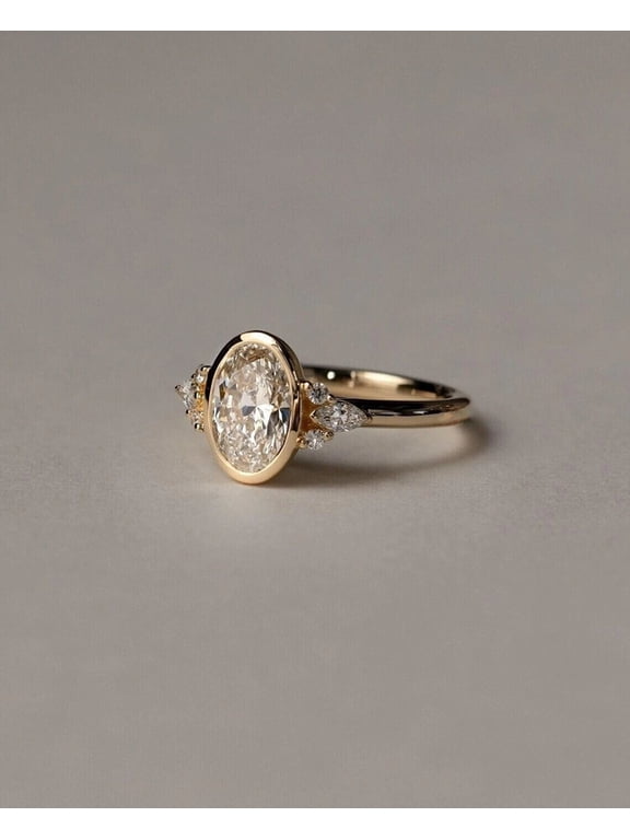 Oval Cut Bezel Set Engagement Ring with Cluster Moissanite Accent Stones, 10K Vermeil Yellow Gold Ring, Wedding Proposal Ring