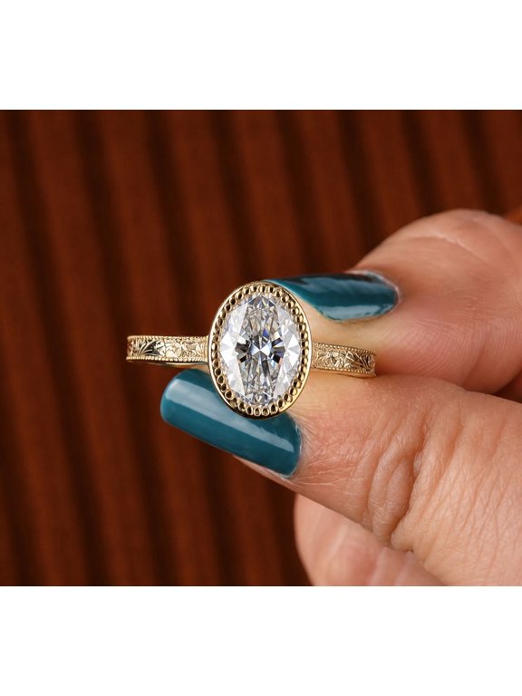 Oval Cut Moissanite Diamond Ring, 14K Vermeil Yellow Gold Milgrain Bezel Setting, Vintage Inspired Jewelry, Perfect Wedding & Anniversary Gift