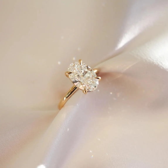 Diiro Oval Cut Moissanite Diamond Ring, Solitaire Engagement Ring for Women, 10K Vermeil Yellow Gold Ring, Classic 4 Prong Setting Proposal Ring
