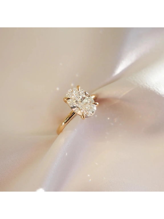 Oval Cut Moissanite Diamond Ring, Solitaire Engagement Ring for Women, 10K Vermeil Yellow Gold Ring, Classic 4 Prong Setting Proposal Ring