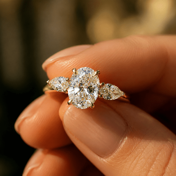 Diiro Oval Cut Moissanite Engagement Ring, 3 Stone Pear Side Stones, 14K Vermeil Yellow Gold Promise Ring for Women, Wedding Bridal Ring