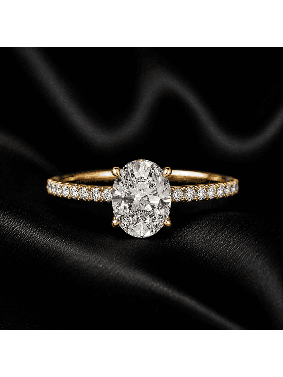 Oval Cut Moissanite Engagement Ring for Women, 10K Yellow Gold Pave Band Solitaire Ring, Classic 4 Prong Wedding Ring, Promise Ring, Wedding Ring