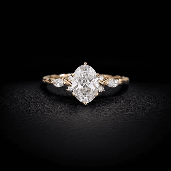 Diiro Oval Cut Moissanite Engagement Ring for Women, Twisted Vine Band with Marquise Side Stones, 14K Yellow Gold Vermeil Ring, Promise Ring