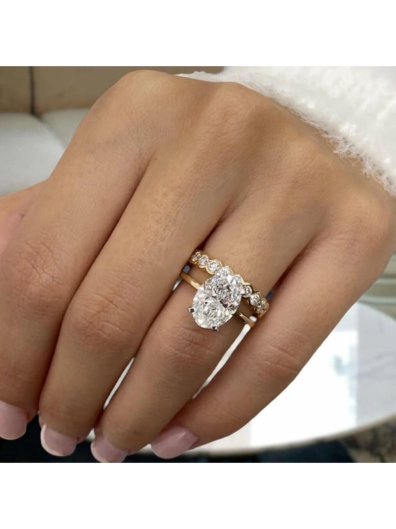 Oval Cut Solitaire Engagement Ring Set for Women with Matching Wedding Band, 10K/14K/18K Solid Yellow Gold, 2 Piece Moissanite Diamond Bridal Set