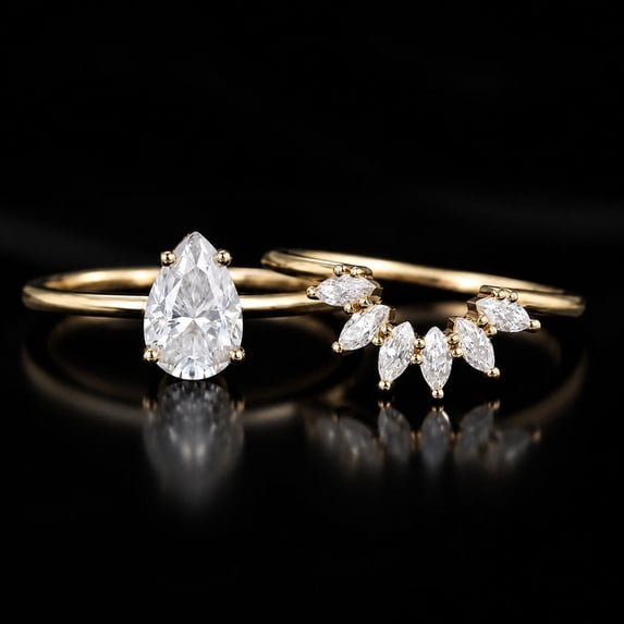 Diiro Pear Cut Moissanite Engagement Ring Set for Women, 2-Piece 10K Vermeil Yellow Gold Bridal Wedding Ring Set with Marquise Curved Band, Anniversary Gift