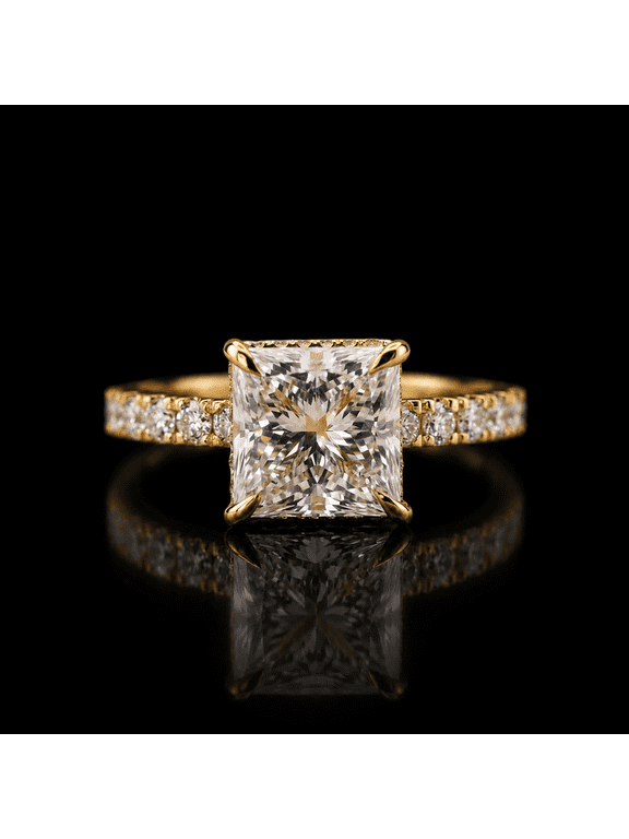 Princess Cut Moissanite Engagement Ring for Women, Hidden Halo Pave Band Solitaire Ring, 10K Yellow Gold Vermeil Promise Wedding Ring