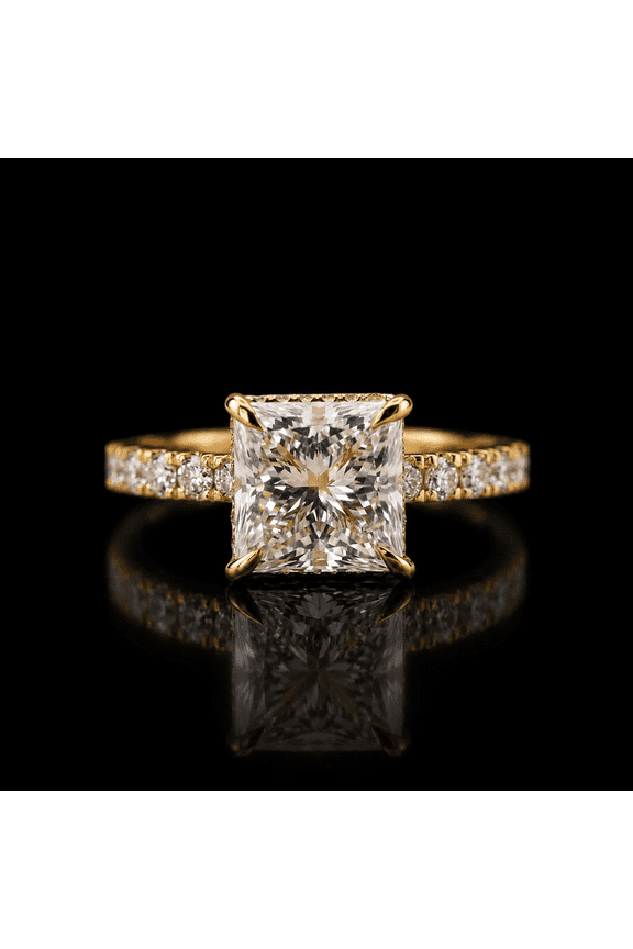 Princess Cut Moissanite Engagement Ring for Women, Hidden Halo Pave Band Solitaire Ring, 10K Yellow Gold Vermeil Promise Wedding Ring