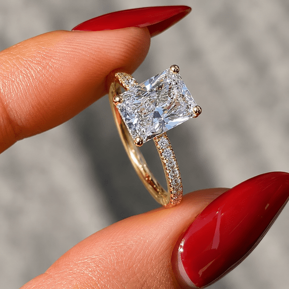 Diiro Radiant Cut Moissanite Engagement Ring, 10K Vermeil Yellow Gold Ring, Pavé Band with Sparkling Accent Stones, Wedding Ring for Her