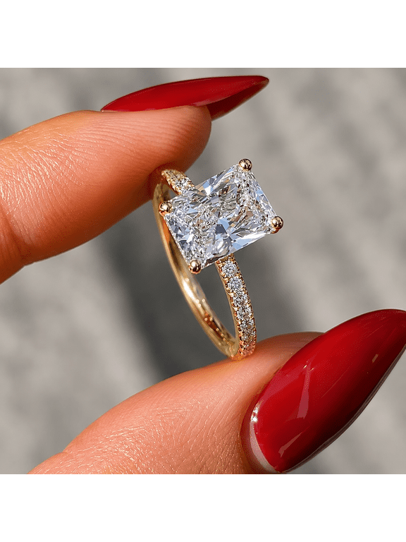 Radiant Cut Moissanite Engagement Ring, 10K Vermeil Yellow Gold Ring, Pavé Band with Sparkling Accent Stones, Wedding Ring for Her