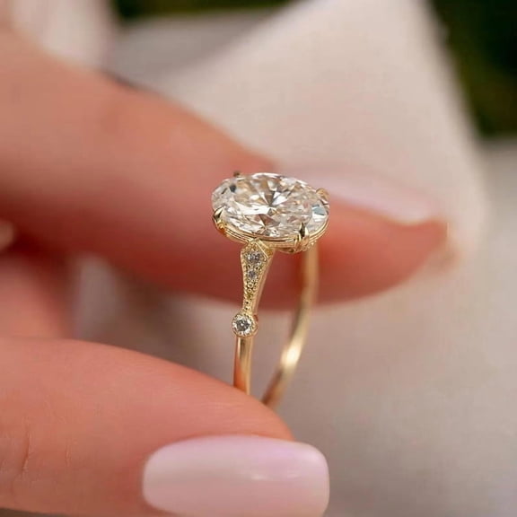 Diiro Vintage Inspired Oval Moissanite Ring for Women, Oval Solitaire Ring, Diamond Accent Band, 10K Vermeil Yellow Gold Promise Ring