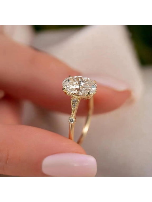 Vintage Inspired Oval Moissanite Ring for Women, Oval Solitaire Ring, Diamond Accent Band, 10K Vermeil Yellow Gold Promise Ring