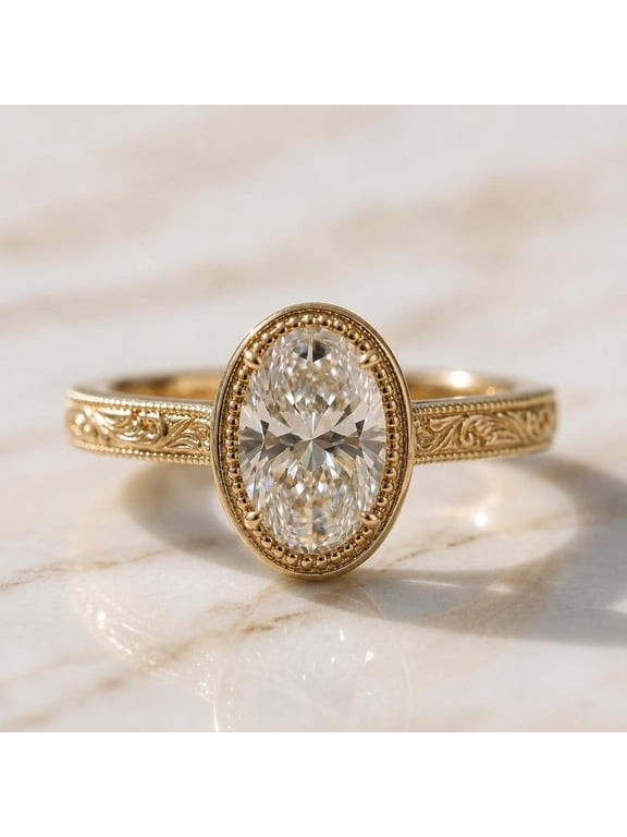 Vintage Oval Cut Engagement Ring for Women, 10K Yellow Gold Vermeil Milgrain Bezel Solitaire Ring, Floral Engraved Wedding Ring