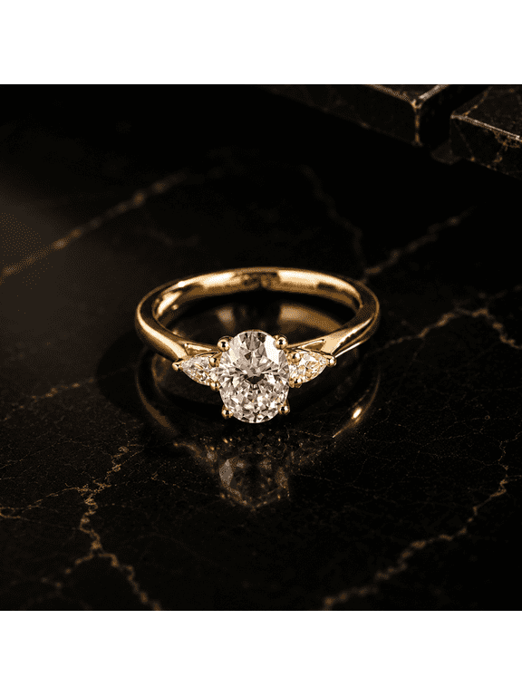 Vintage Three Stone Oval Cut Moissanite Ring, Engagement Ring for Women, 10K Yellow Gold Vermeil, Marquise Side Stone Promise Ring, Promise Gift