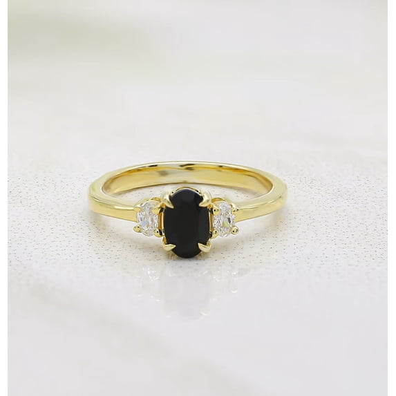 Diiro Women's Oval Black Onyx Three Stone Ring, Vermeil 14K Yellow Gold, White CZ Accent Promise Ring, Anniversary Jewelry Gift