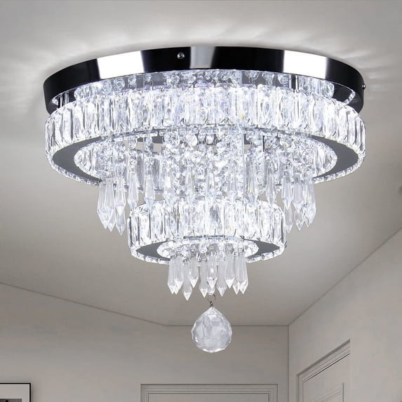 Diisunbihuo 15.7" Modern Crystal Chandelier 2 Rings Crystal Ceiling Light Fixture Semi-Flush Mount Ceiling Light Chandeliers for Bedrooms Living Room (Cool White)