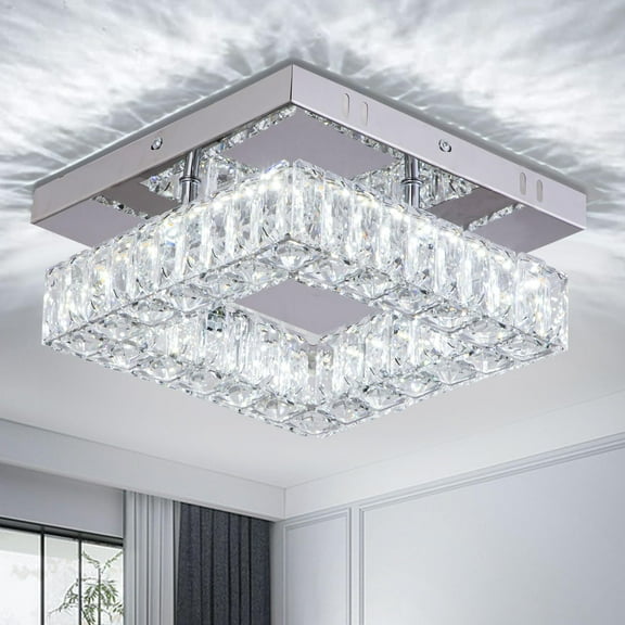 Diisunbihuo Mini Modern Crystal Chandeliers Square Flush Mount Ceiling Light LED Chandelier for Hallway Kitchen Foyer Dining Room,Dia 9.8", 18 W 6000K