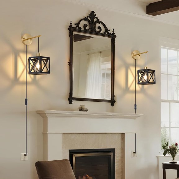 Dijiahua Plug in Gold & Black Wall Sconces Set of 2,Modern Farmhouse Wall Lamp with 9.19FT On/Off Switch Cord, Adjustable Hanging Wall Mount Lighting with Hexagonal Metal Cage for Bedroom Living Room