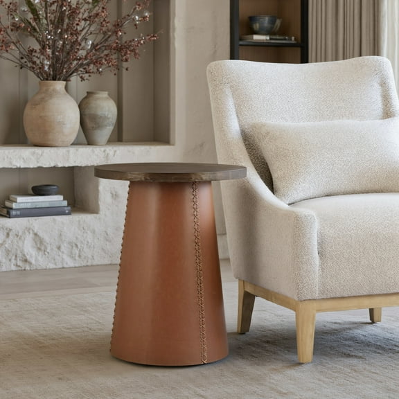 Dikis Side Table Brown End Table, Modern Style, Ash Veneer MDF round shape tabletop, MDF, Indoor Living