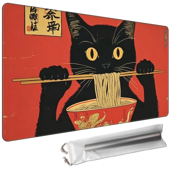 Dikoer Tcg Mtg Playmats 24 x 14in, Mouse Pads,Free Storage Bags,Waterproof Non-Slip Rubber Backing,Stitched Edges,Cat Eating Ramen