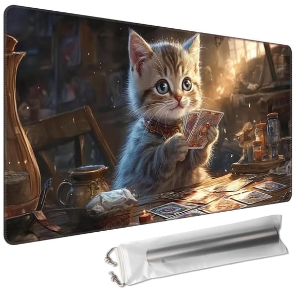 Dikoer TCG MTG Playmats 24 x 14in, Mouse Pads,Free Storage Bags,Waterproof Non-Slip Rubber Backing,Stitched Edges,Cat Playing Cards