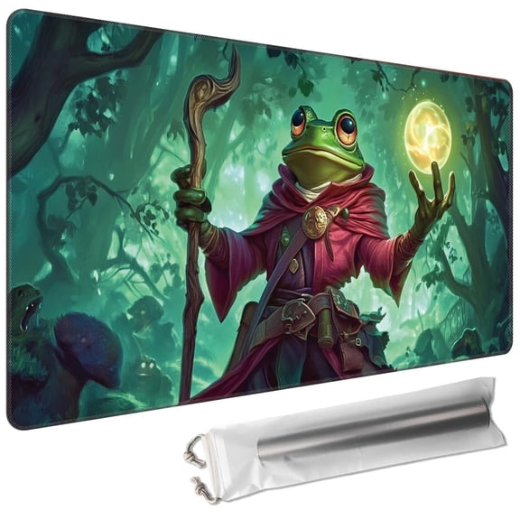 Dikoer TCG MTG Playmats 24 x 14in, Mouse Pads,Free Storage Bags,Waterproof Non-Slip Rubber Backing,Stitched Edges,Mage Frog with Staff