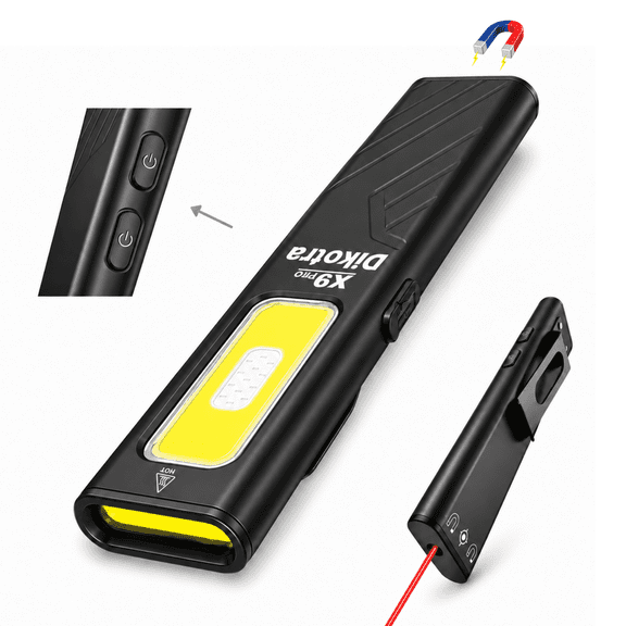 Dikotra X9 Pro Rechargeable Flat EDC Flashlight, 800LM Ultra-Thin Pocket Light with UV Light, Red Laser, 80dB Alarm, Magnetic Base, Pocket Clip and USB-C Charging
