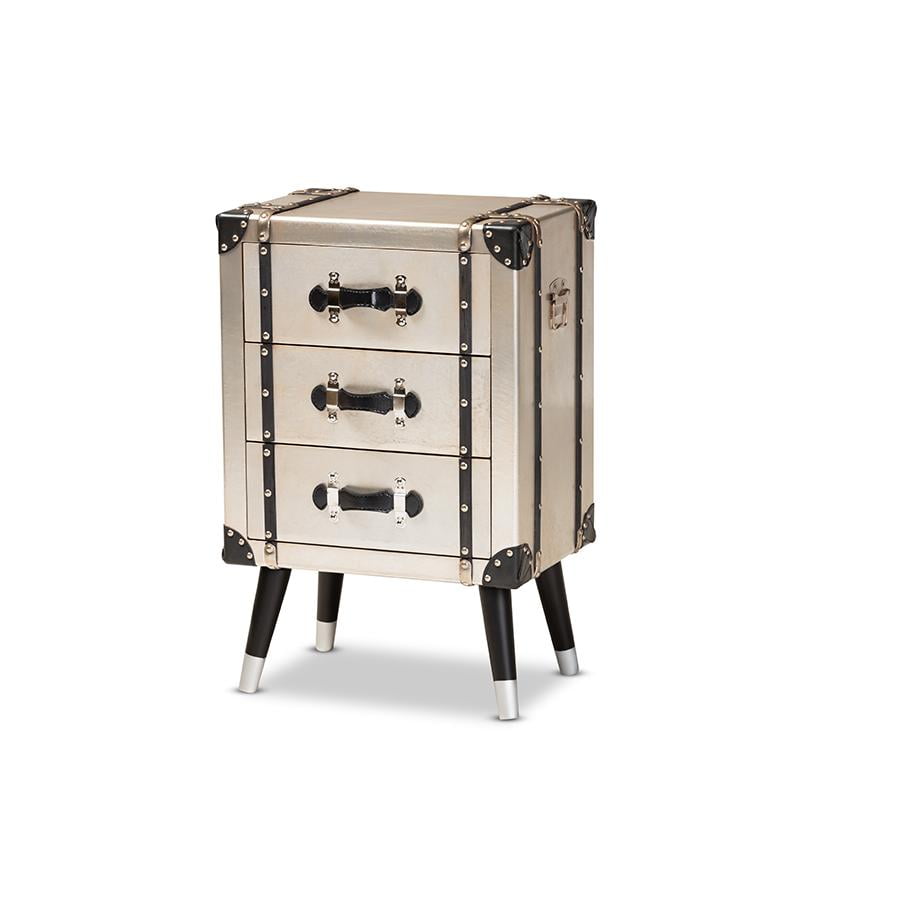 Vintage Industrial Antique Silver 3-Drawer Nightstand with Rivet Details
