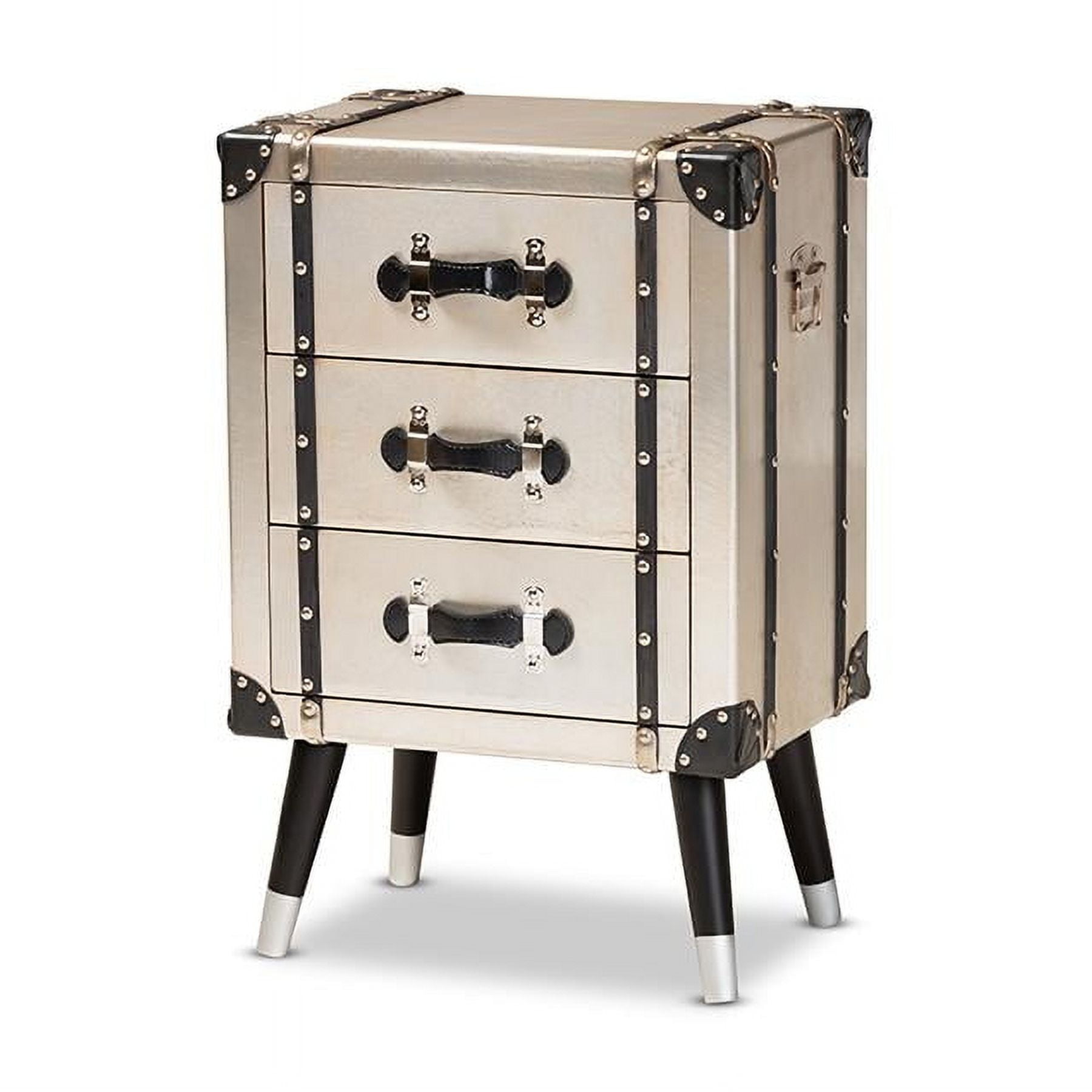 Vintage Industrial Antique Silver 3-Drawer Nightstand with Rivet Details