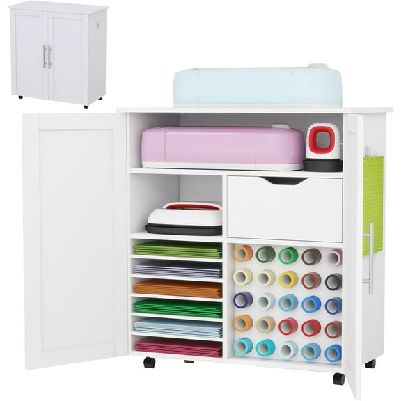 Dilando Craft Organization and Storage Cart Compatible with Cricut Machines Rolling Craft Table Organizer Cabinet with Vinyl Rolls Holder Drawers Craft Storage Cart for Craft Room Home White