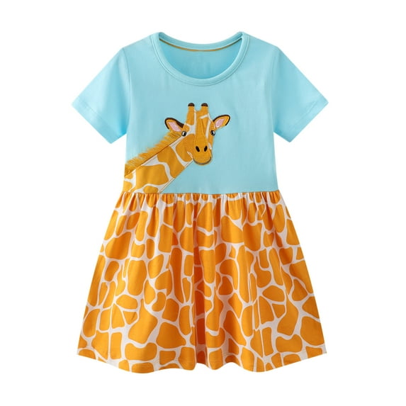 Diliba Toddler Girls Cotton Casual Dresses Cartoon Print Short Sleeve Dresses for Kids 1-7 Year