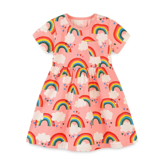 Diliba Toddler Girls Cotton Casual Dresses Cartoon Print Short Sleeve Dresses for Kids 1-7 Year