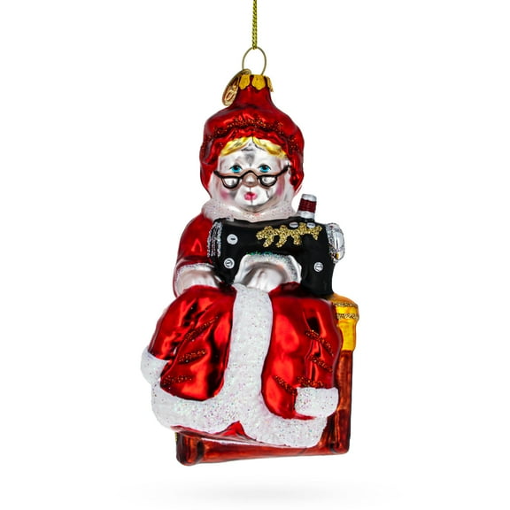 Mrs. Claus and Sewing Machine Glass Christmas Ornament