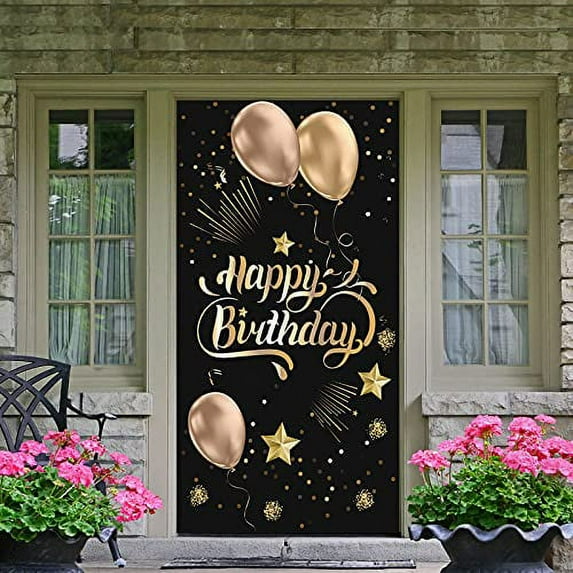 Dill-Dall Happy Birthday Door Cover Banner, Birthday Party Decoration for Door, Birthday Background, Happy Birthday Photo Props (Black & Gold)