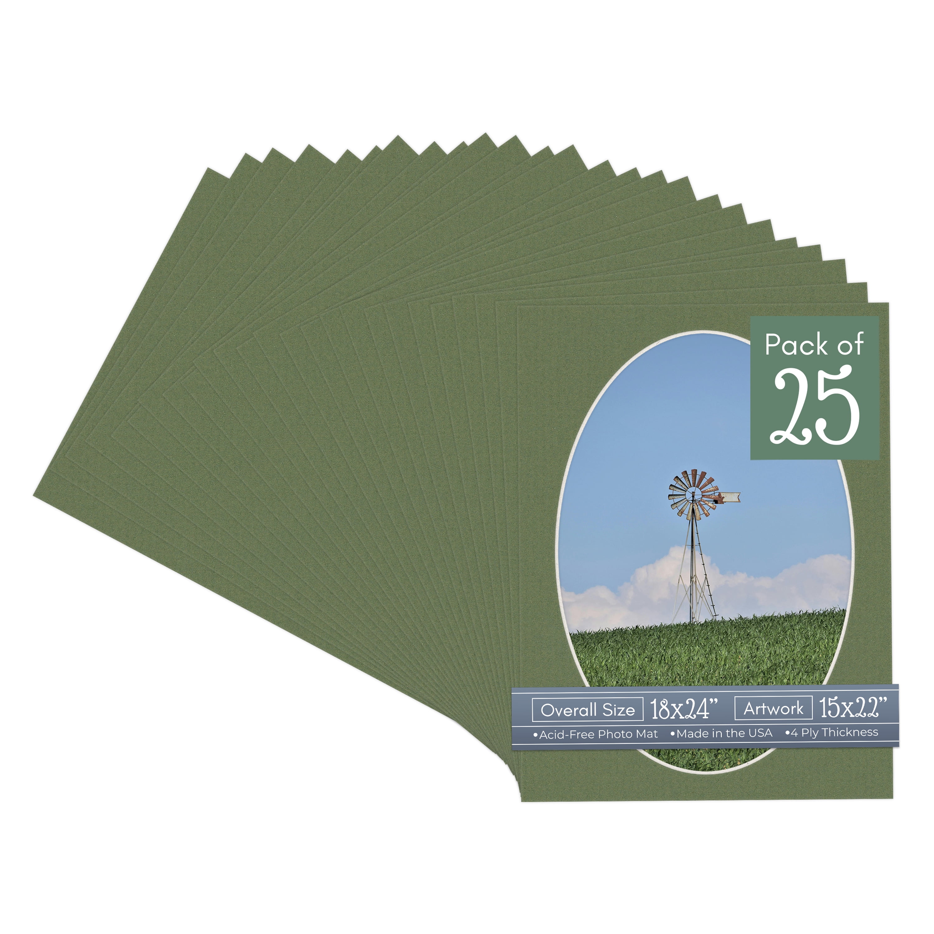 Dill Green Picture Frame Mat for 18x24 Frames - Oval Opening for 15x22 Photos - 25 Mats