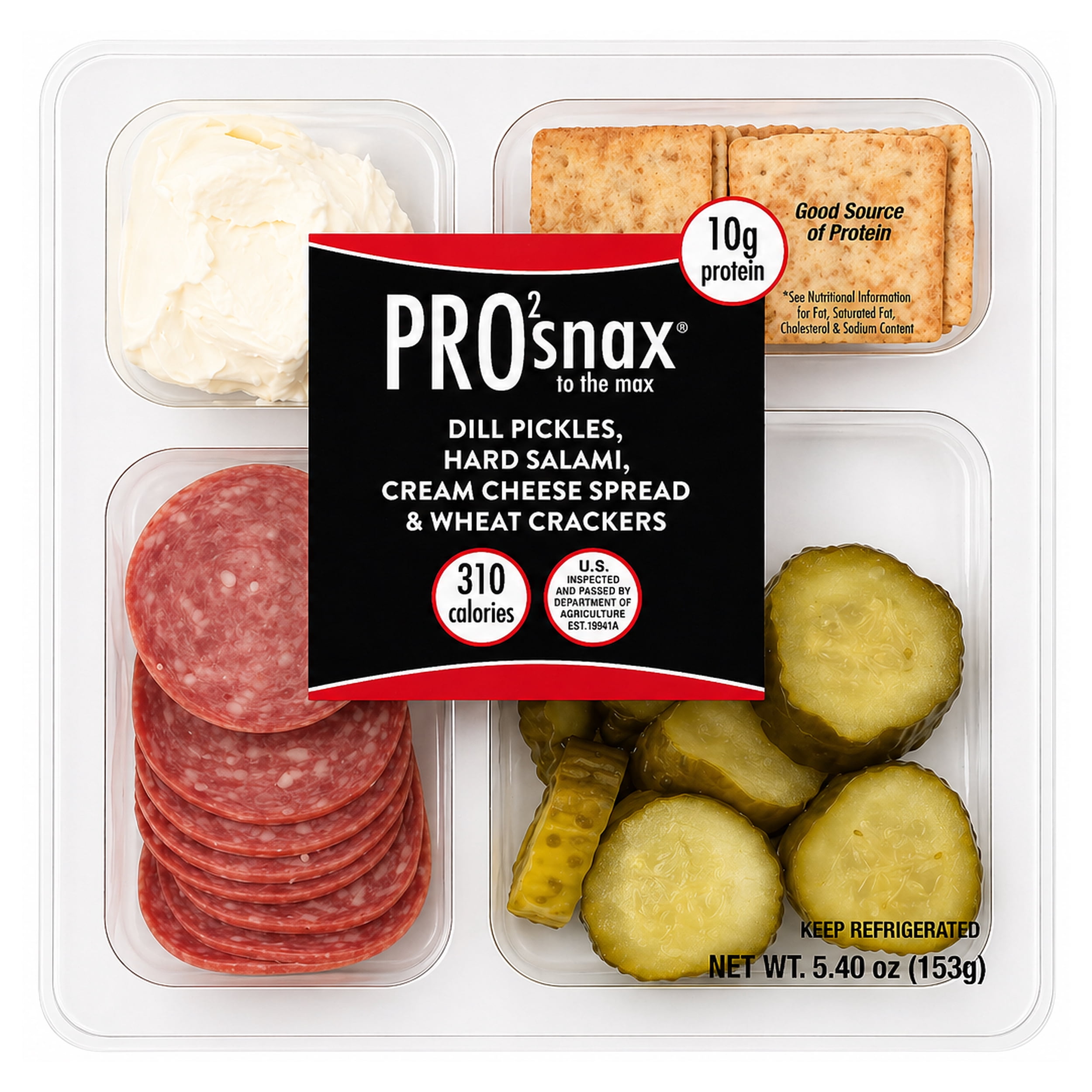 PRO2snax To The Max Dill Pickles, Hard Salami, Cream Cheese Spread & Wheat Crackers, 5.40 oz.