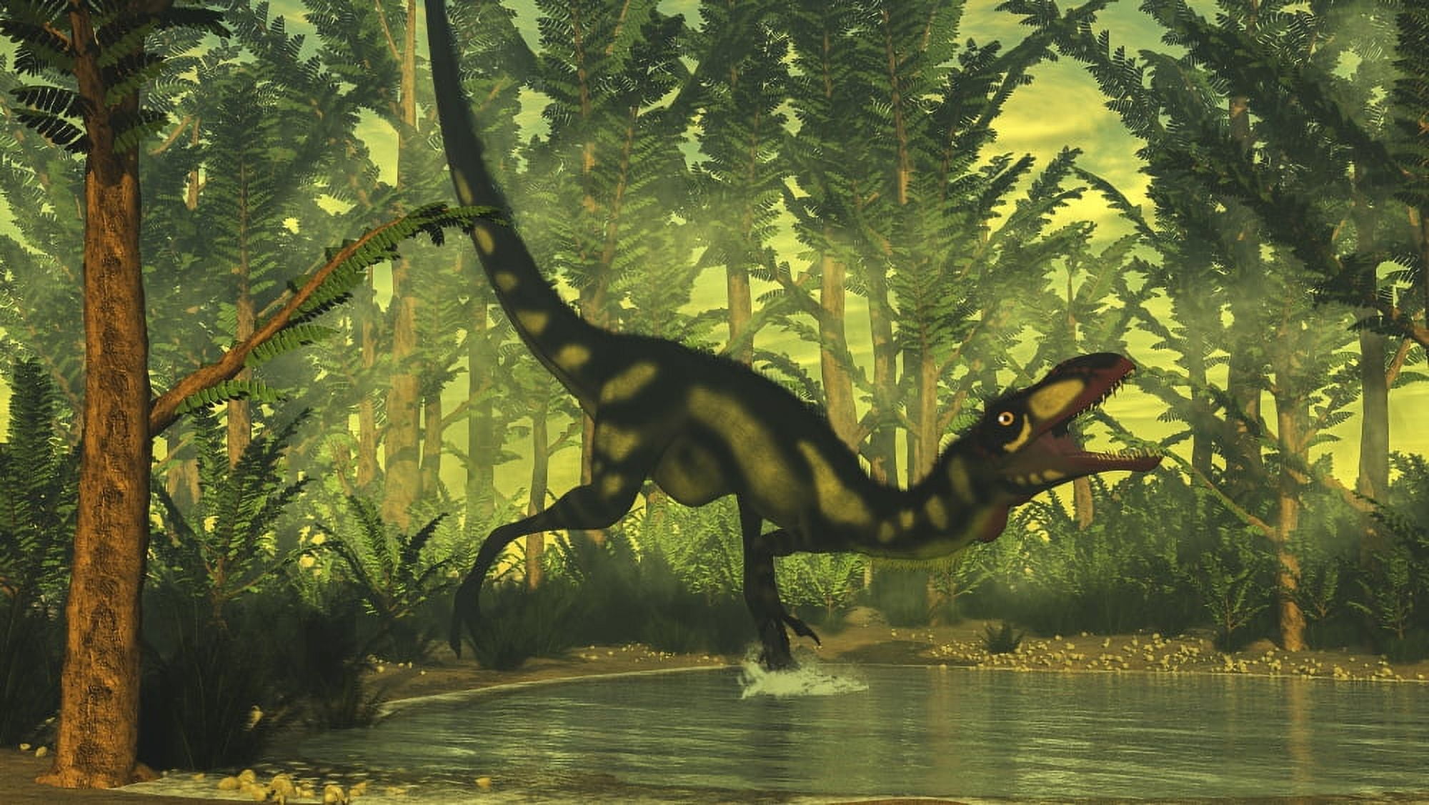 Dilong dinosaur running through a forest Canvas Art - Elena DuvernayStocktrek Images (37 x 21)