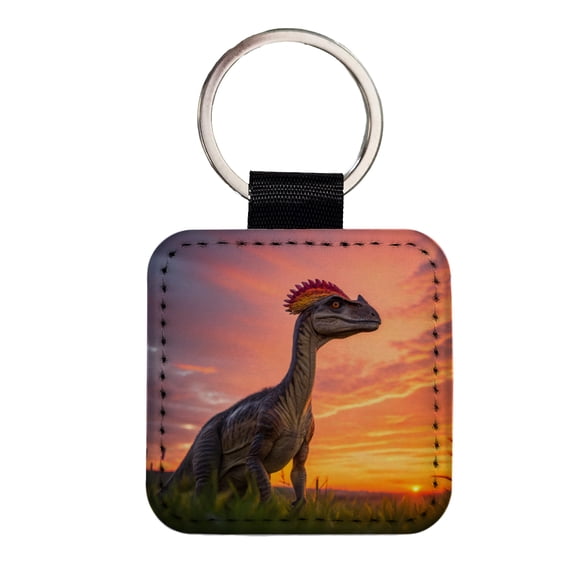 Dilophosaurus Sunset Dinosaur Faux Leather Square Keychain