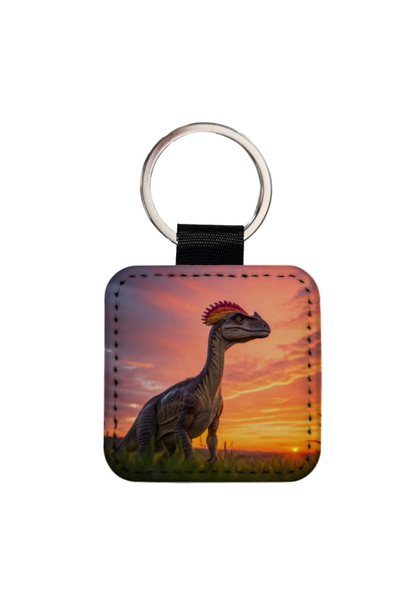 Dilophosaurus Sunset Dinosaur Faux Leather Square Keychain