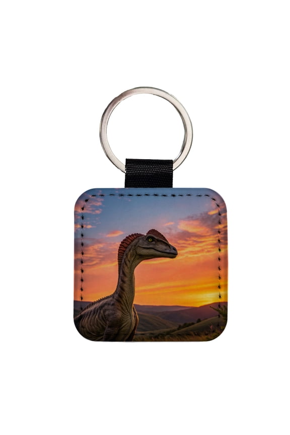 Dilophosaurus Sunset Sunrise Dinosaur Faux Leather Square Keychain