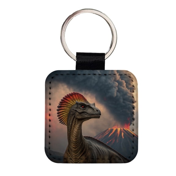 Dilophosaurus Volcano Erupting Dinosaur Faux Leather Square Keychain