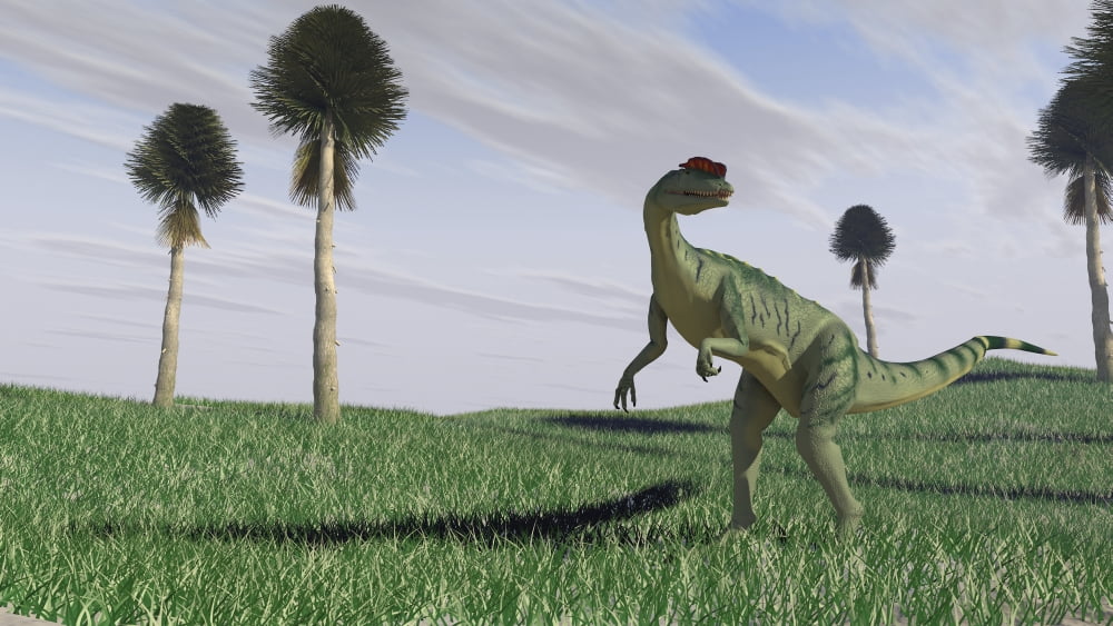 Dilophosaurus hunting for its next meal in an open field Canvas Art - Kostyantyn IvanyshenStocktrek Images (19 x 11)