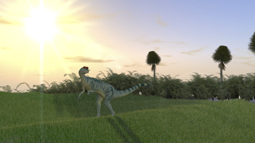 Dilophosaurus hunting for its next meal in an open field Canvas Art - Kostyantyn IvanyshenStocktrek Images (38 x 22)