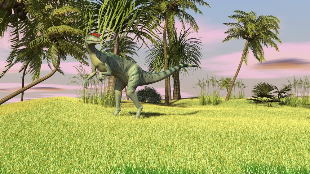 Dilophosaurus hunting in a field for its next meal Canvas Art - Kostyantyn IvanyshenStocktrek Images (38 x 22)