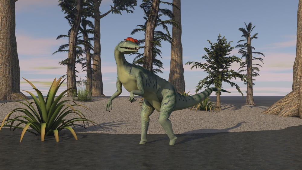 Dilophosaurus standing in shallow water Canvas Art - Kostyantyn IvanyshenStocktrek Images (38 x 22)
